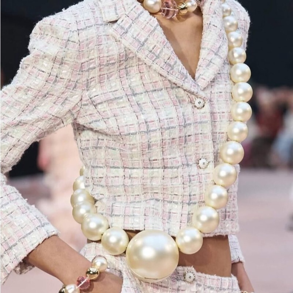 Chic Tweed Jacket with Pearl Necklace